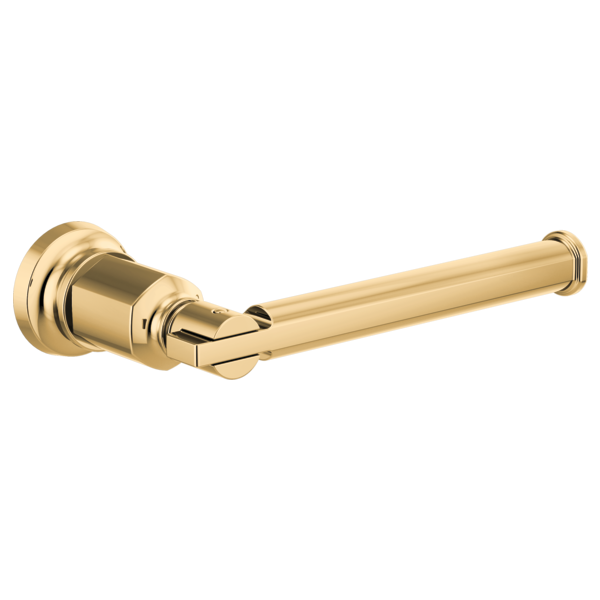 Polished gold tissue holder with cylindrical rod and decorative circular wall mount.