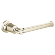 Polished nickel tissue holder with cylindrical rod and decorative wall-mounted base.
