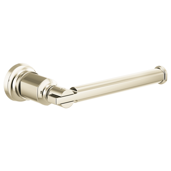 Polished nickel tissue holder with cylindrical rod and decorative wall-mounted base.