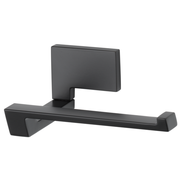 Black tissue holder with rectangular backplate and horizontal bar, angled view.