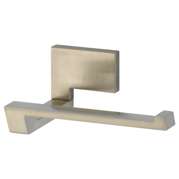 Brushed nickel tissue holder with angular mounting bracket and vertical backing plate.