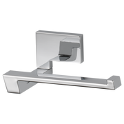 Chrome and gray tissue holder with wall-mounted base and horizontal bar design.