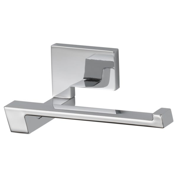 Chrome and gray tissue holder with wall-mounted base and horizontal bar design.