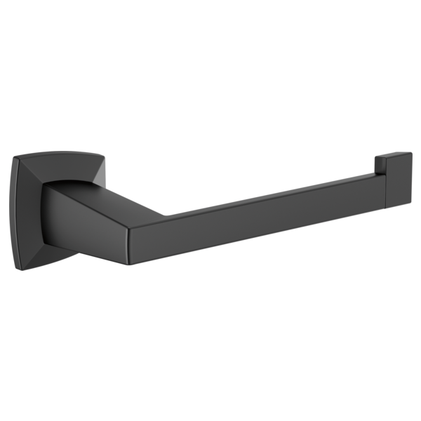 Black matte tissue holder with angular mounting bracket and horizontal bar.