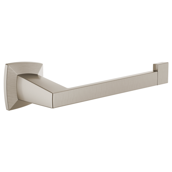 Brushed nickel wall-mounted tissue holder with cylindrical mounting base and rectangular horizontal bar.