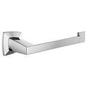 Polished chrome tissue holder with cylindrical wall mount and horizontal bar arm.