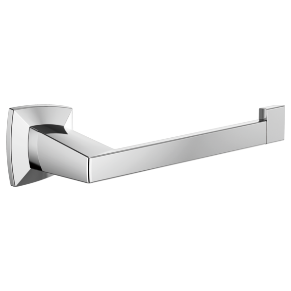 Polished chrome tissue holder with cylindrical wall mount and horizontal bar arm.