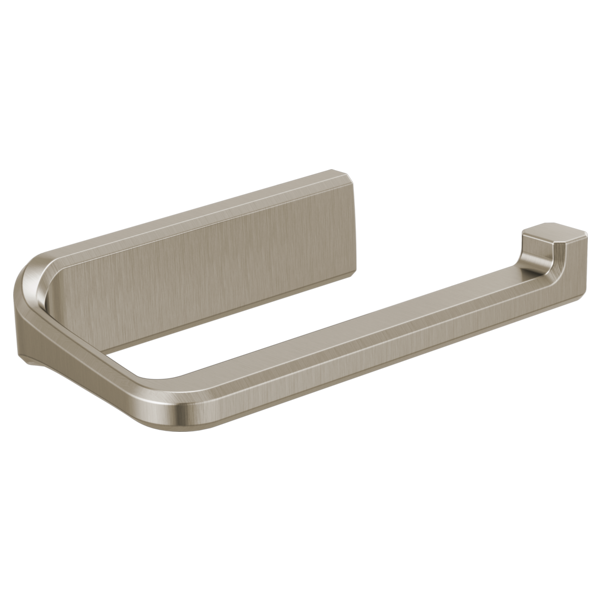 Brushed nickel tissue holder with curved open design and wall-mounted brackets.