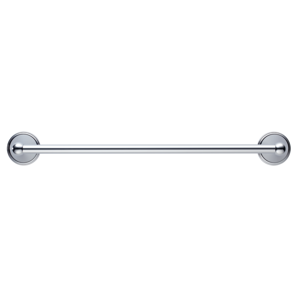 Chrome towel bar with circular wall-mounted brackets on each end, 18 inches long.