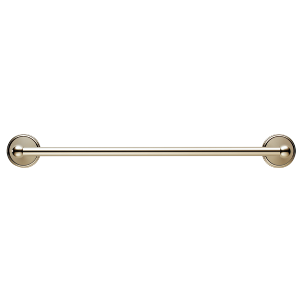Brushed nickel towel bar with circular wall mounts on each end.