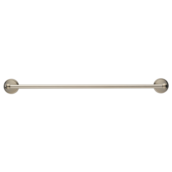 Stainless steel towel bar with circular mounting flanges on each end.