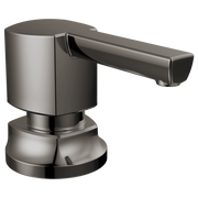 Black onyx soap and lotion dispenser with cylindrical pump and curved spout.