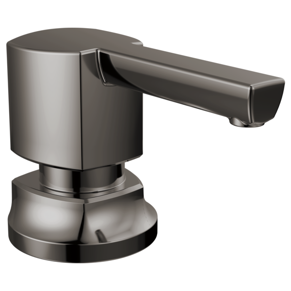 Black onyx soap and lotion dispenser with cylindrical pump and curved spout.