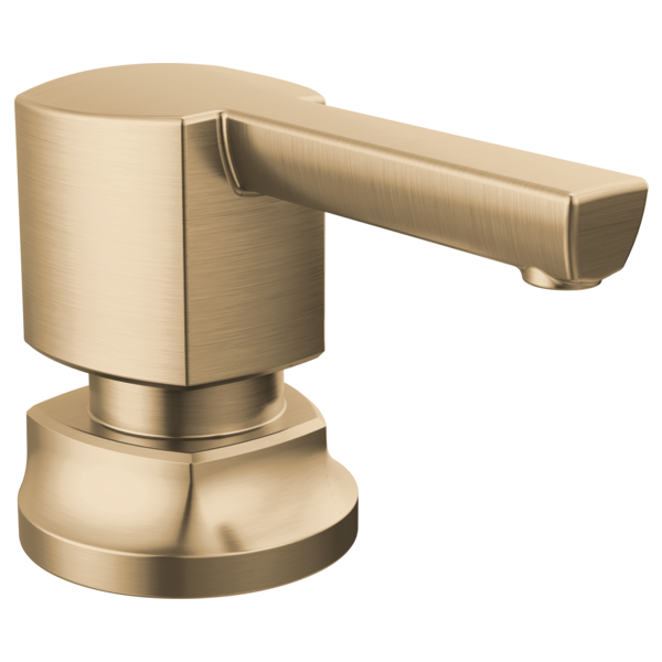 Brizo Kintsu soap and lotion dispenser in brushed gold finish with cylindrical pump and curved spout.