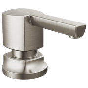 Brushed stainless steel soap and lotion dispenser with cylindrical pump and curved spout on round base.