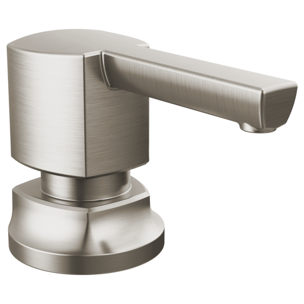 Brushed stainless steel soap and lotion dispenser with cylindrical pump and curved spout on round base.
