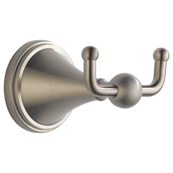 Brushed nickel double robe hook with round mounting plate and two curved arms with ball finials.