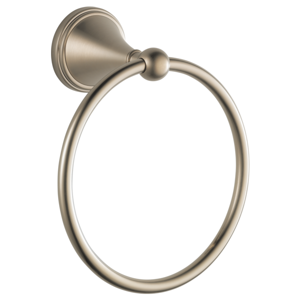 Brushed nickel circular towel ring with decorative wall-mounted base and spherical connector.
