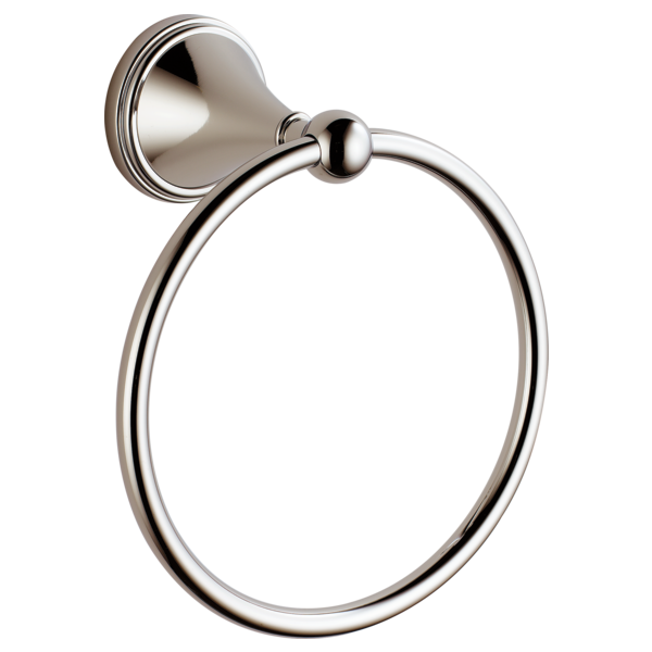 Polished chrome towel ring with circular loop and decorative wall-mounted base.