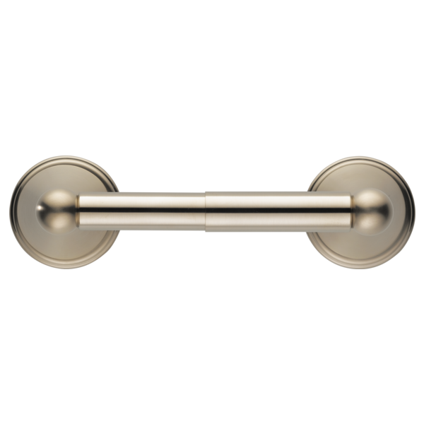 Brushed nickel tissue holder with cylindrical bar and round wall-mounted bases on each end.