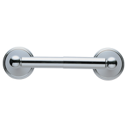 Chrome tissue holder with cylindrical bar and circular wall-mounted flanges on each end.