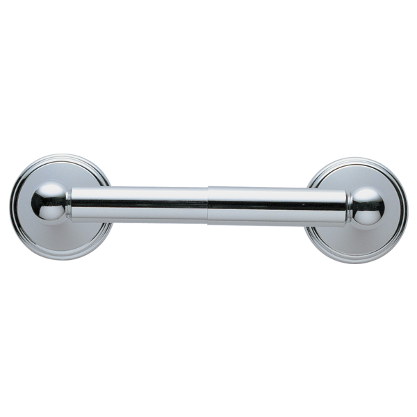 Chrome tissue holder with cylindrical bar and circular wall-mounted flanges on each end.