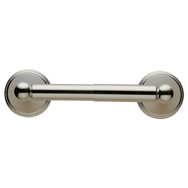 Polished nickel tissue holder with cylindrical bar and circular wall-mounted flanges on each end.