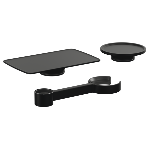 Three black Brizo Kintsu tub filler accessories including rectangular and circular shelves with curved lever handle.