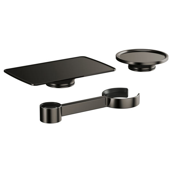 Three black metal bathroom accessories: rectangular platform shelf, circular dish, and hinged towel bar with cylindrical supp
