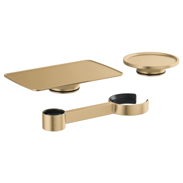 Three brass tub filler accessories: rectangular shelf, circular dish, and dual cup caddy with black interiors.