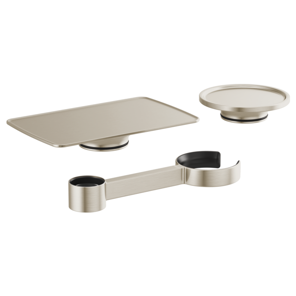 Three brushed nickel bathroom accessories: rectangular tray, round dish, and dual-cup holder with connector bar.