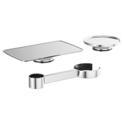 Three polished chrome tub filler accessories including a rectangular platform, circular soap dish, and double cup holder with