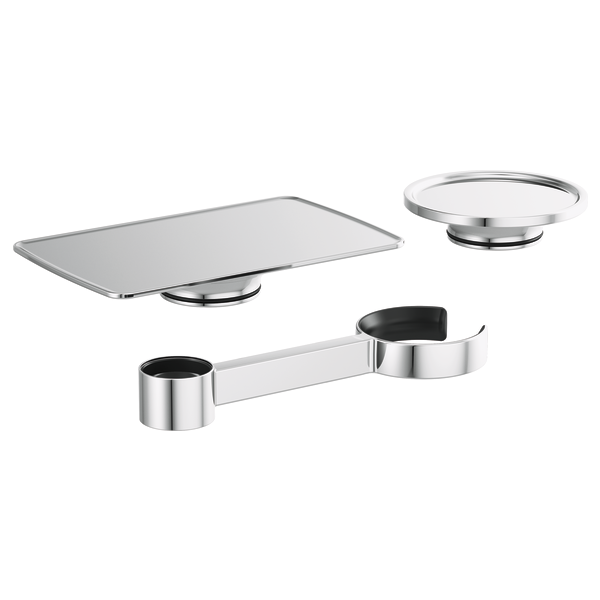 Three polished chrome tub filler accessories including a rectangular platform, circular soap dish, and double cup holder with