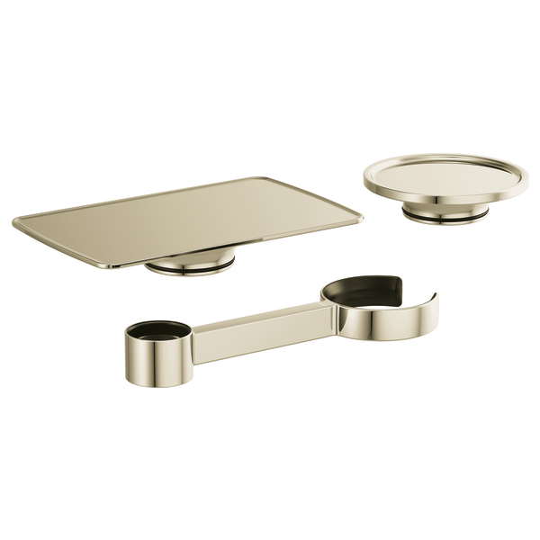 Three polished nickel tub filler accessories including a rectangular shelf, circular dish, and dual cup holder with connectin
