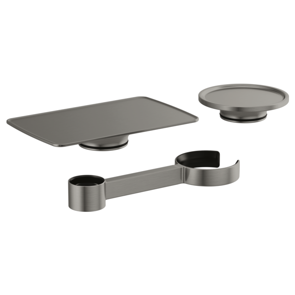 Three stainless steel tub filler accessories: rectangular platform, circular dish, and dual-cup holder bracket.