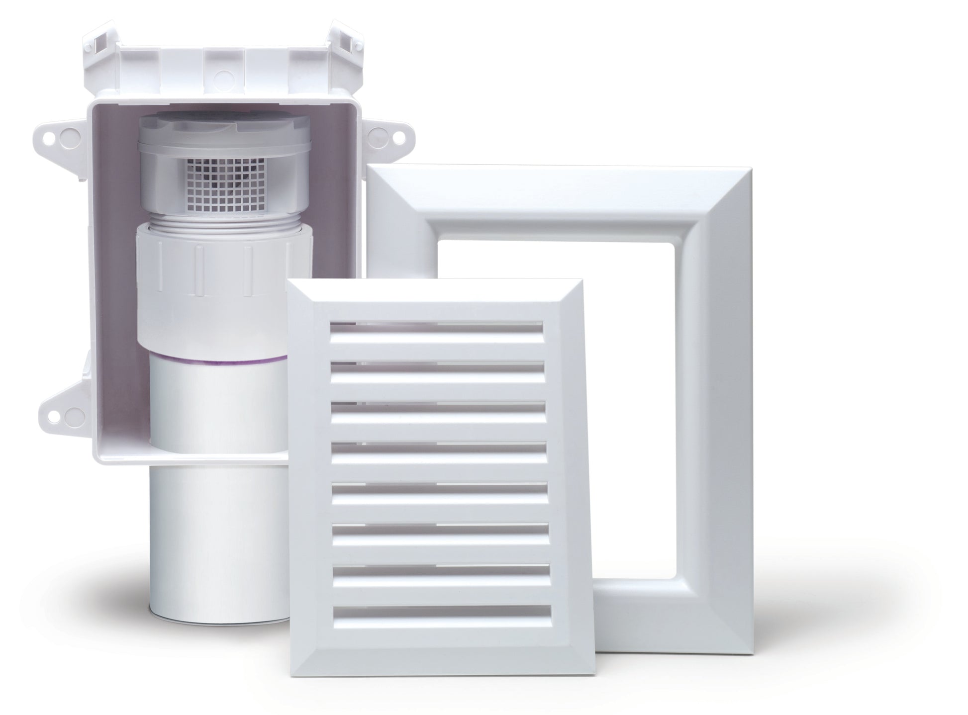White plastic plumbing vent access box assembly with air admittance valve, adapter pipe, and louvered trim ring components.