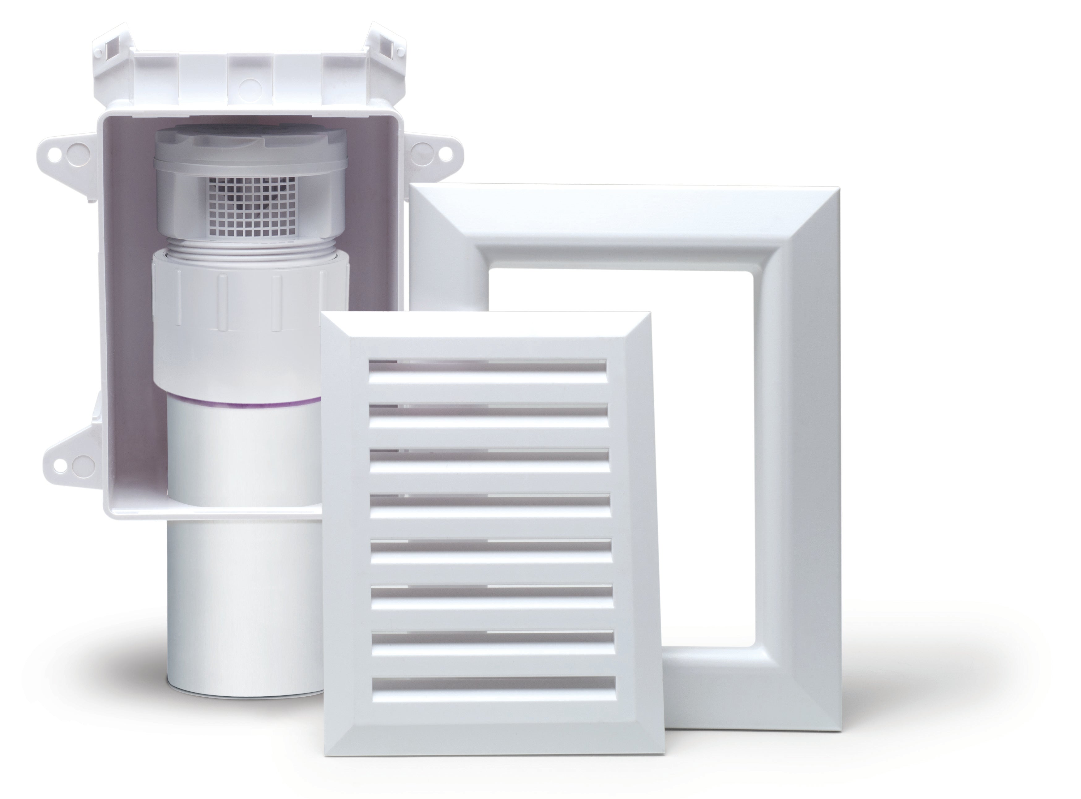 White plastic plumbing vent access box assembly with air admittance valve, adapter pipe, and louvered trim ring components.