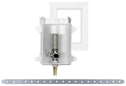 Stainless steel ice maker outlet box with brass fitting, valve, and water hammer arrestor mounted on white plastic backing pl