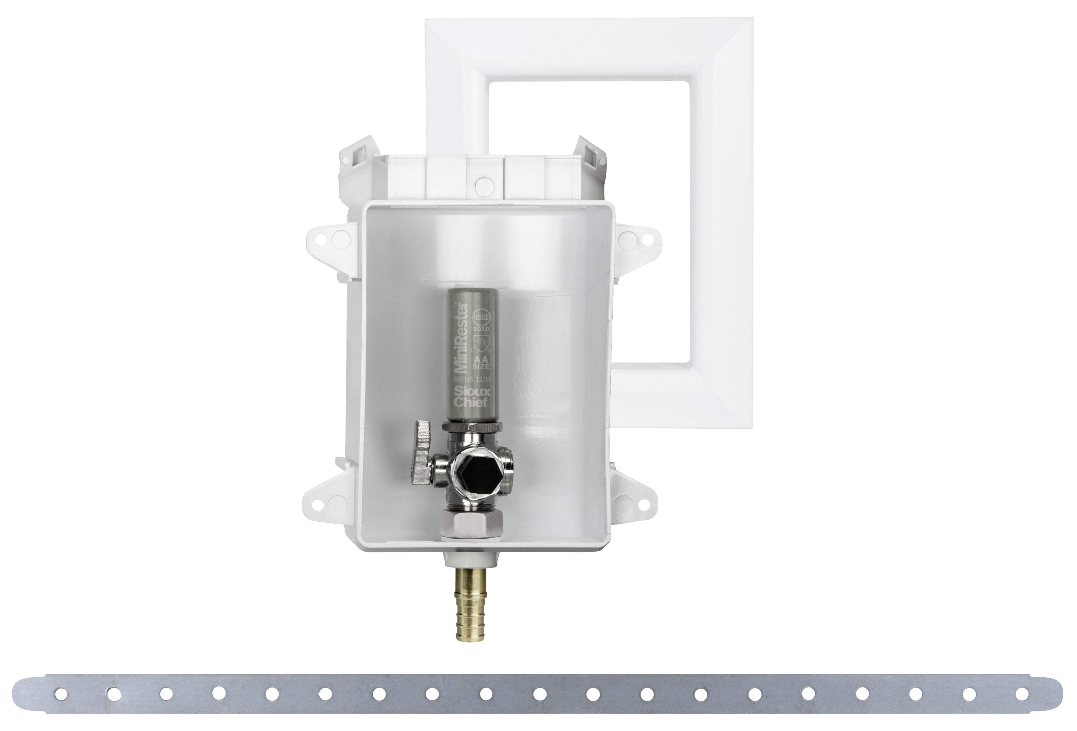 Stainless steel ice maker outlet box with brass fitting, valve, and water hammer arrestor mounted on white plastic backing pl