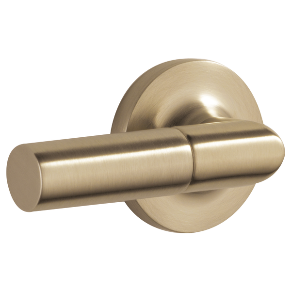 Brushed nickel toilet flush lever with cylindrical handle mounted on circular backplate.