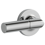 Chrome flush lever with cylindrical handle mounted on round backplate.