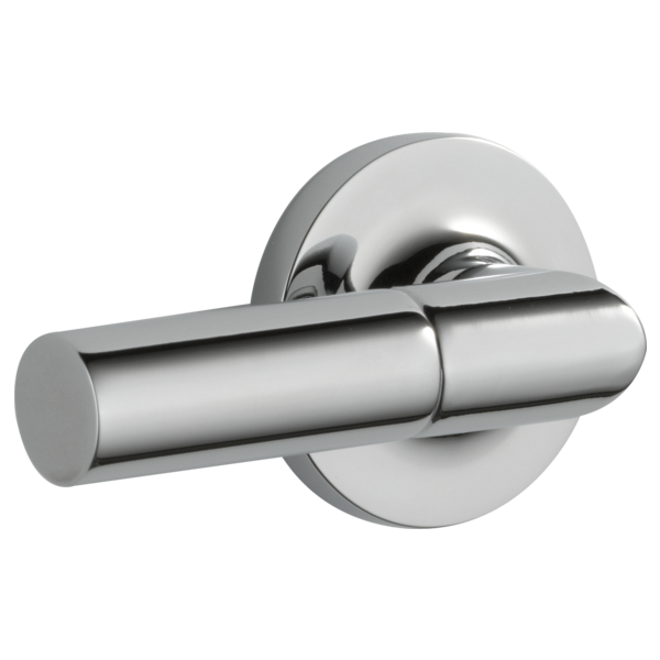 Chrome flush lever with cylindrical handle mounted on round backplate.