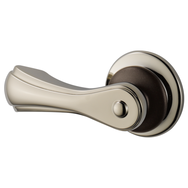 Chrome toilet flush lever with curved handle and round mounting plate with dark center ring.