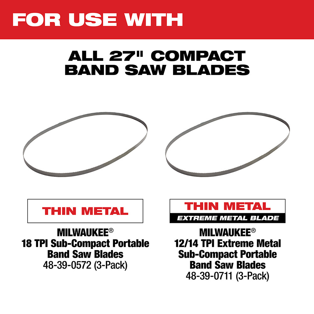 Two Milwaukee 27" band saw blades: 18 TPI thin metal blade and 12/14 TPI extreme metal blade.