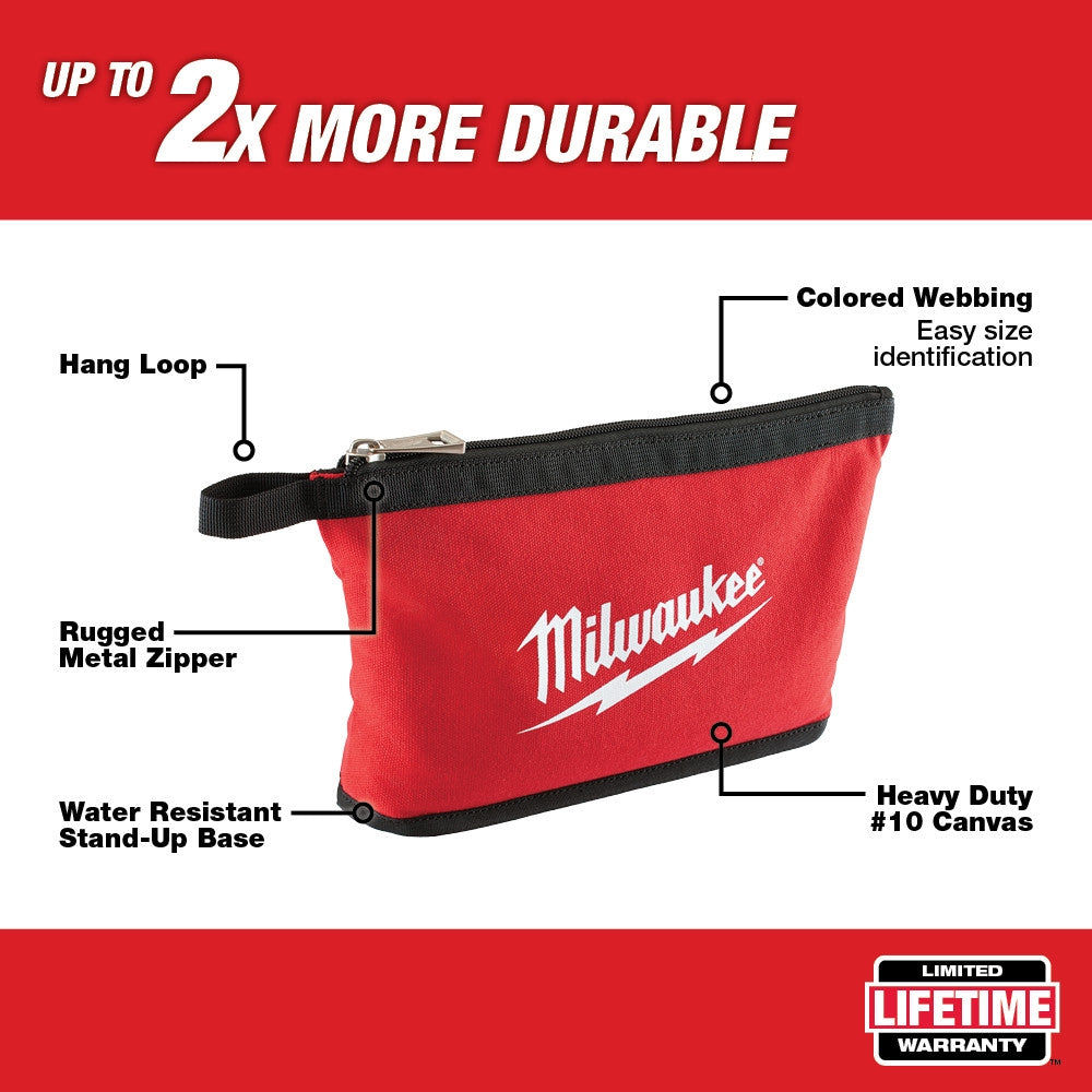 Red canvas zipper pouch with black webbing, metal zipper, and hang loop for tool storage.