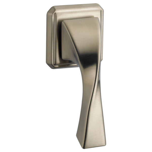Brushed nickel side mount toilet flush lever with curved tapered handle and square wall plate.