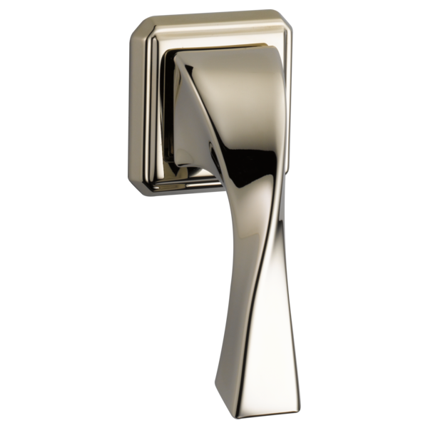Polished nickel side mount toilet flush lever with tapered handle and square backplate.