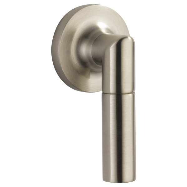 Brushed nickel cylindrical lever handle mounted on a circular escutcheon plate.