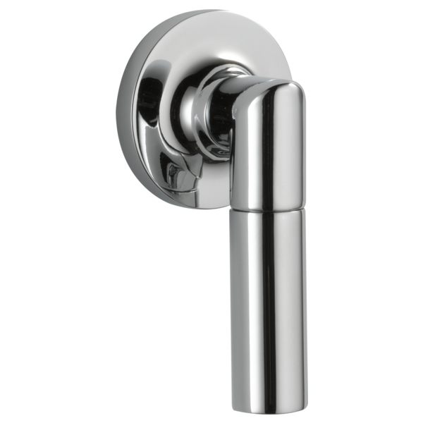 Polished chrome side mount flush lever with cylindrical handle and circular mounting plate.