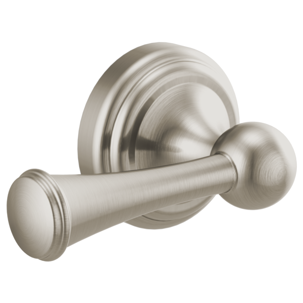 Brushed nickel toilet flush lever with tapered handle and circular wall plate.